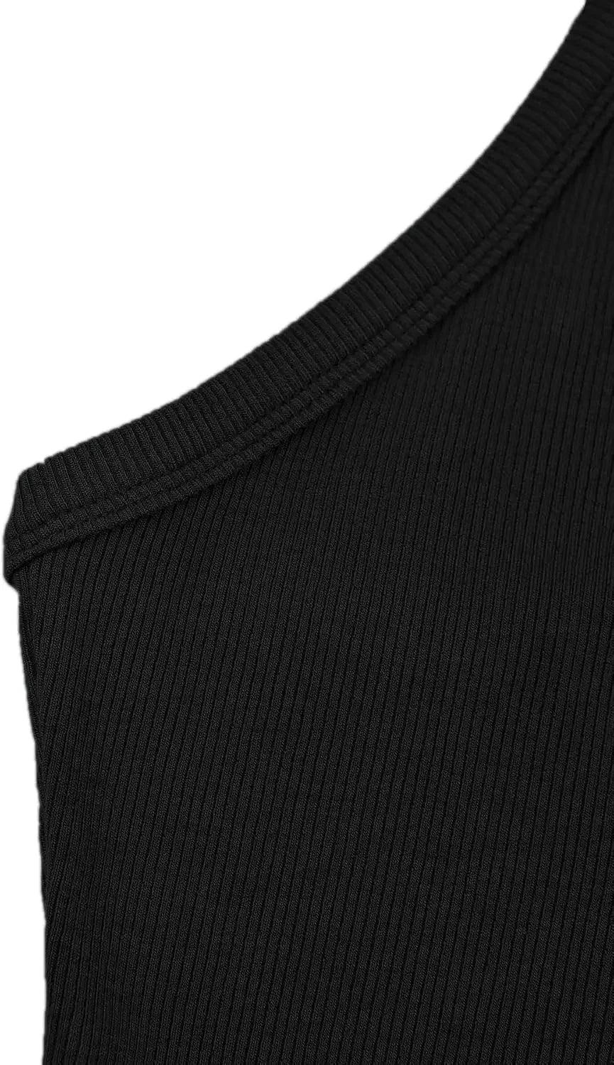 Black ribbed women's tank top with scoop neckline, stylish fashion apparel