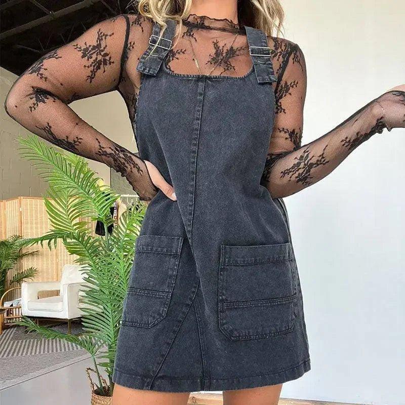 Woman in black lace top and denim overall dress, fashion outfit with pockets