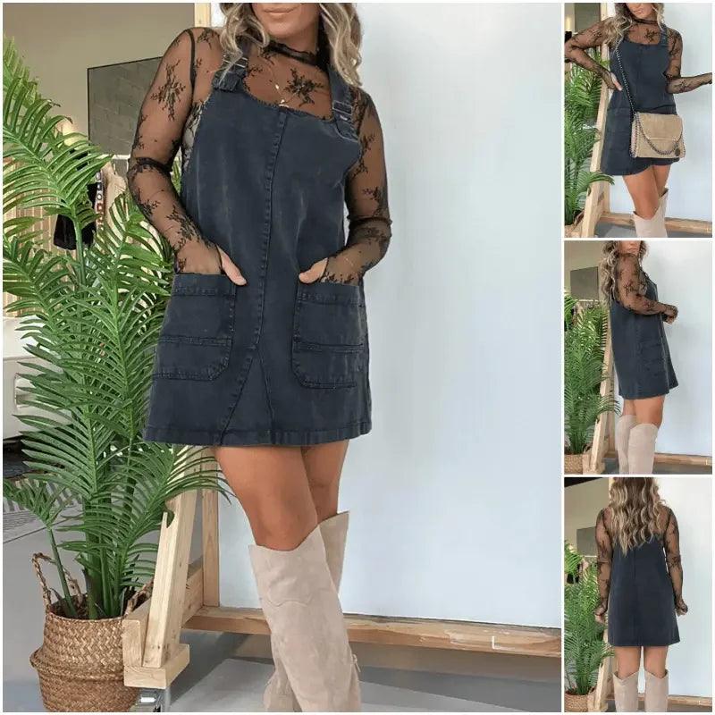 Woman wearing denim overall dress with lace top, beige boots, and plant backdrop for fashion styling