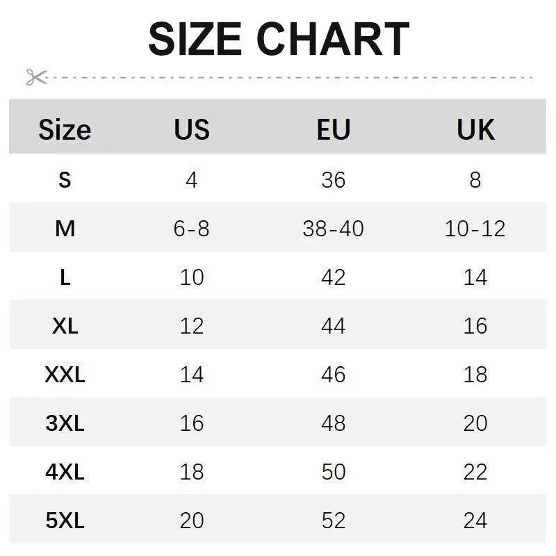 Women's fashion size chart with US, EU, UK measurements for accurate fit