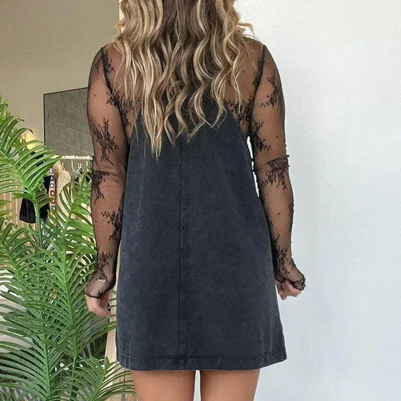 Woman wearing black lace sleeve dress, back view, fashion outfit with sheer floral detailing