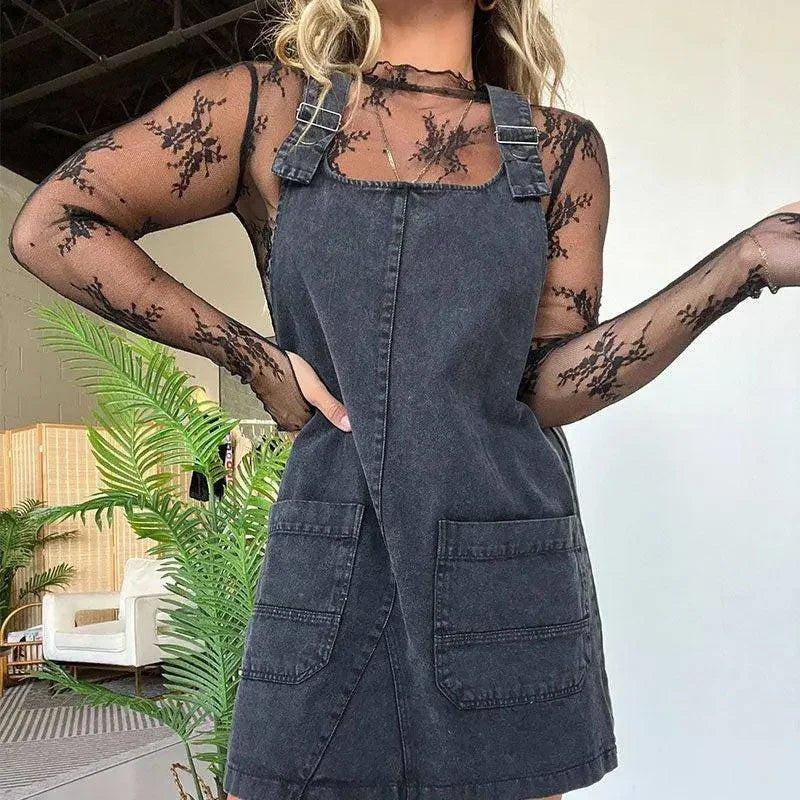 Woman in black lace top and denim overall dress, stylish fashion outfit