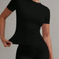 Black ruched short sleeve top for women, stylish fashion fit with gold hoop earrings