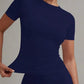 Navy blue ruched short sleeve top for women, stylish fashion fit with gold earrings