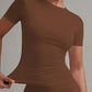 Brown fitted short sleeve top for women, stylish and stretchy fashion wear