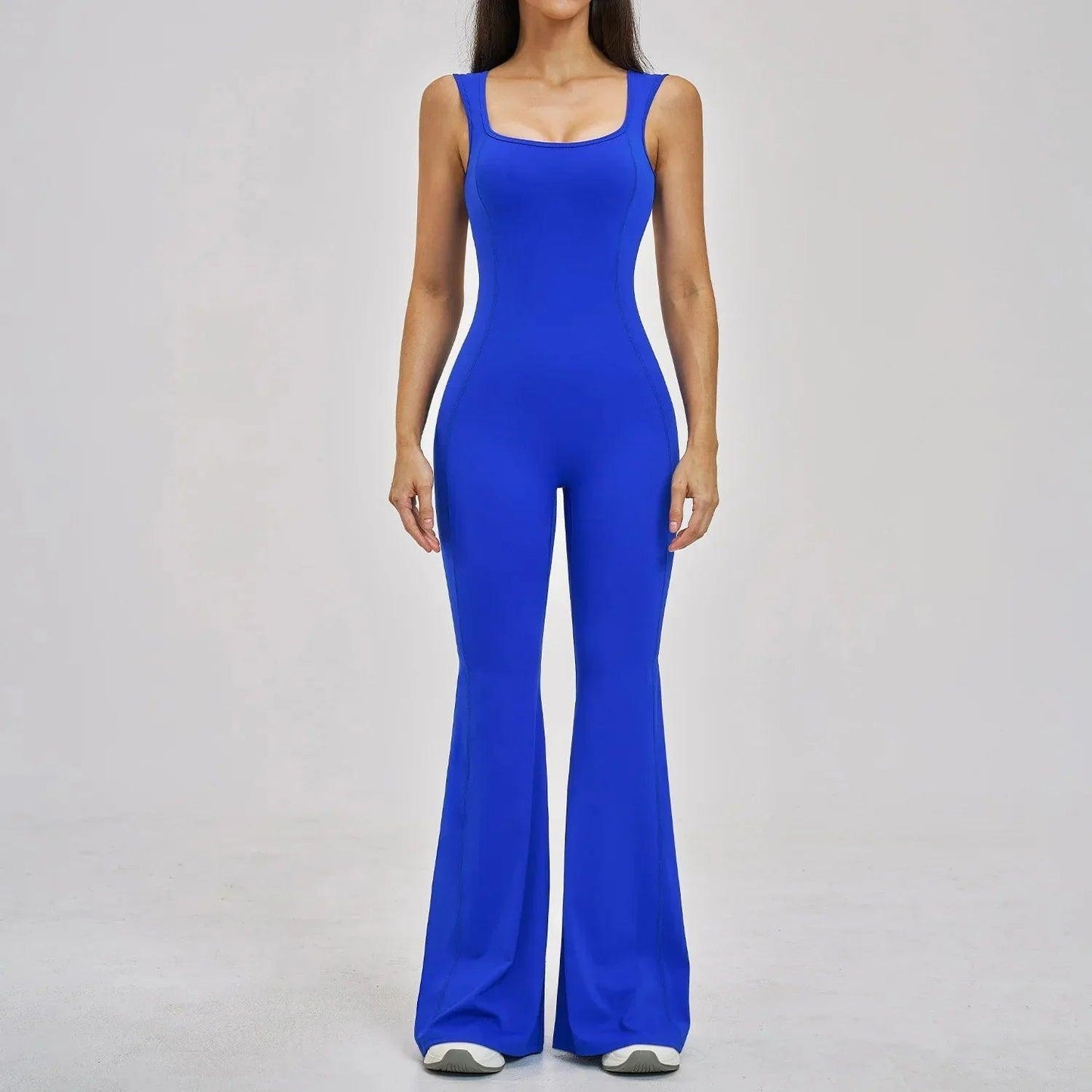 Royal blue women's jumpsuit with flared legs and square neckline, stylish fashion outfit