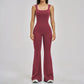 Women's burgundy sleeveless jumpsuit with flared legs, stylish fashion outfit