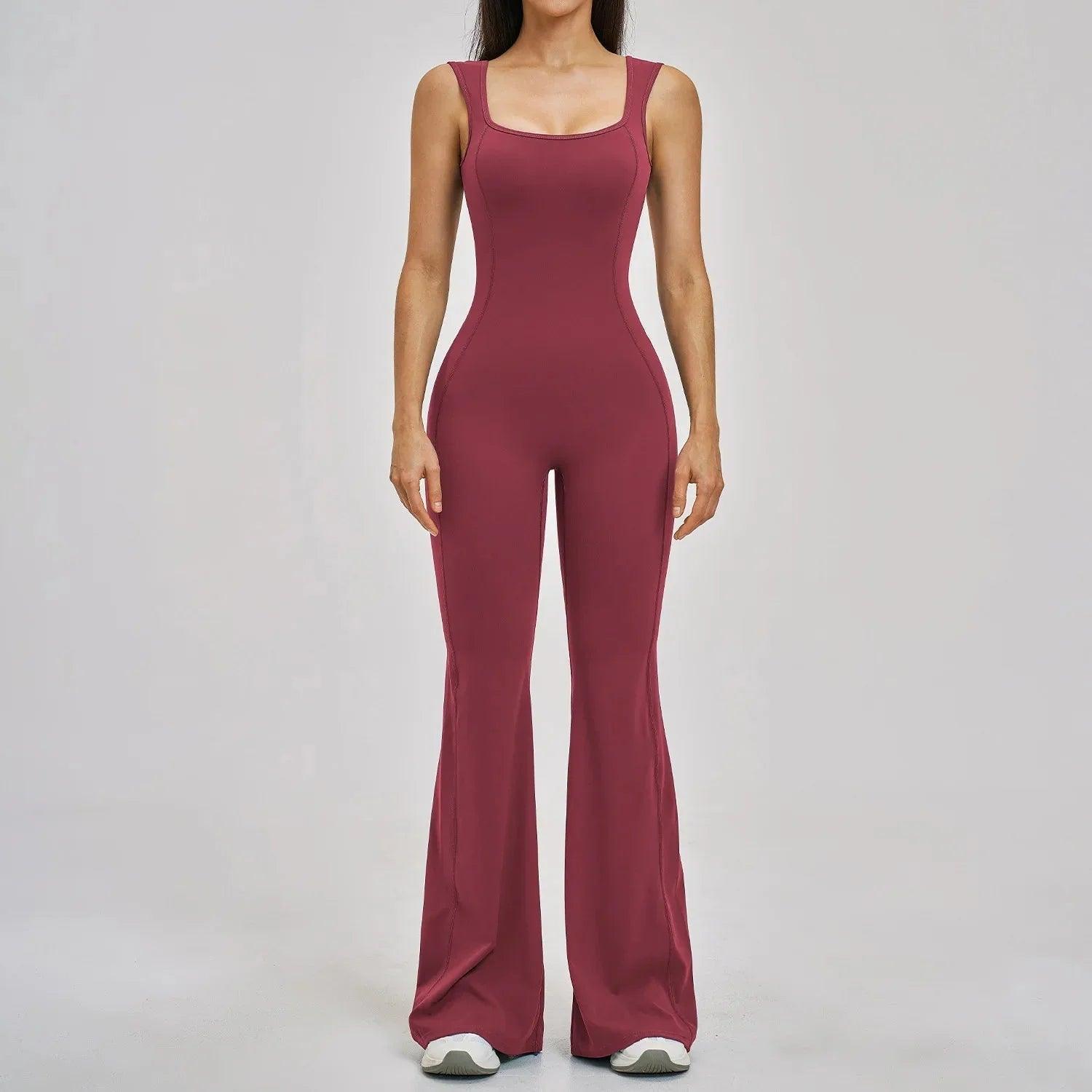 Women's burgundy sleeveless jumpsuit with flared legs, stylish fashion outfit