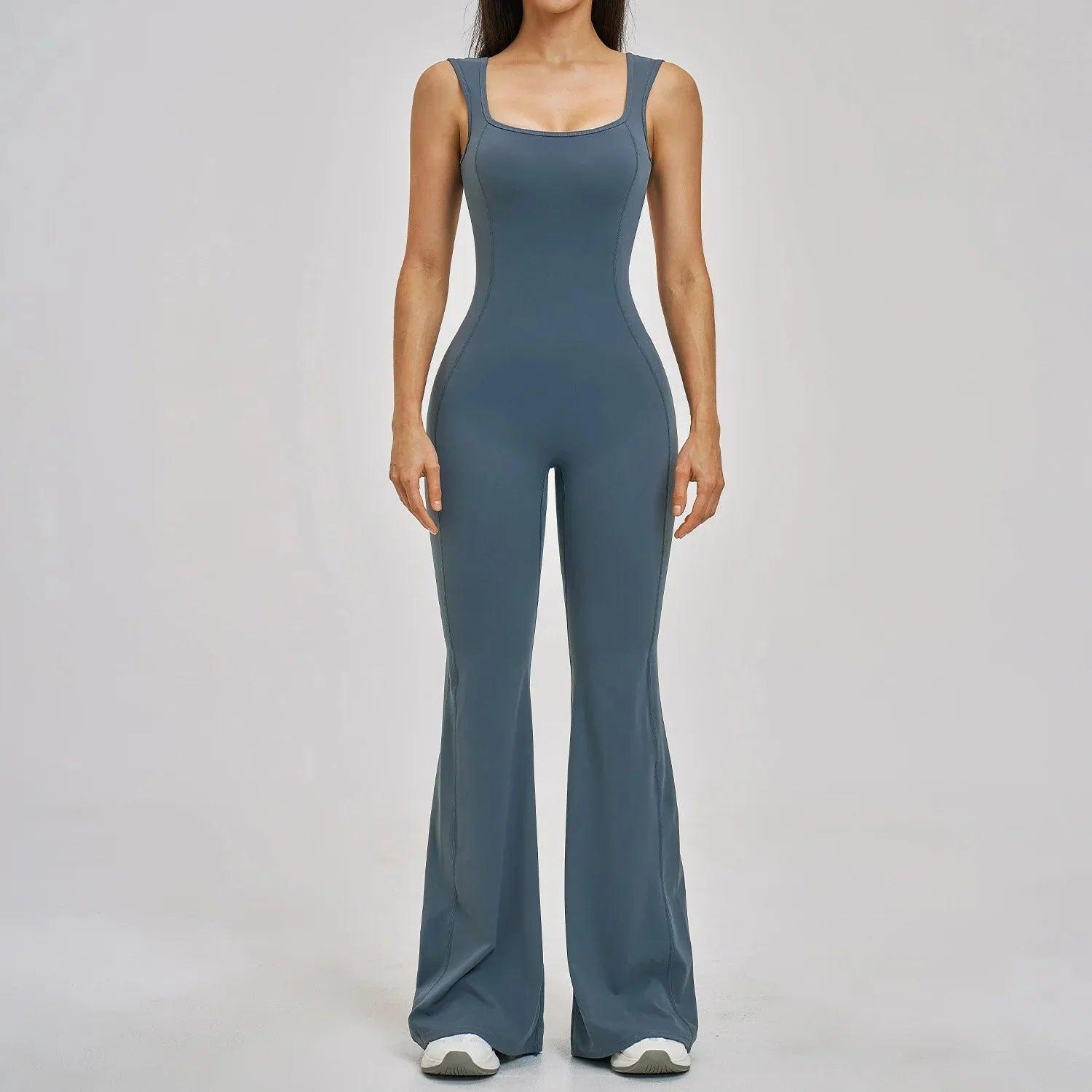 Women's gray sleeveless jumpsuit with flared legs, stylish fashion outfit