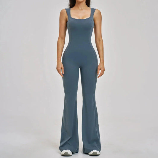 Women's gray sleeveless jumpsuit with flared legs, stylish fashion outfit