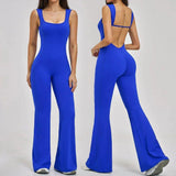 Royal blue backless jumpsuit with flared legs, women's fashion outfit