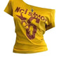 Yellow off-shoulder women's graphic tee with bold print and cross necklace, trendy fashion top