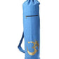 Blue yoga mat bag with gold Om symbol, drawstring closure, and shoulder strap for fitness and wellness