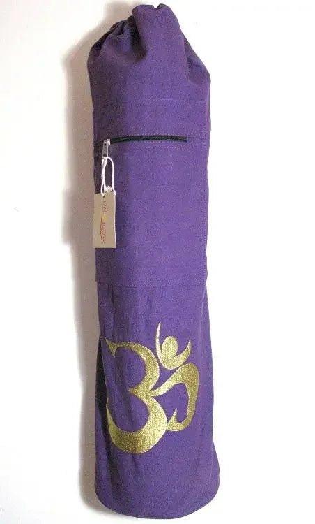 Purple yoga mat bag with gold Om symbol, ideal for women's fitness and wellness routines.