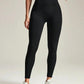Black high-waisted leggings with ribbed waistband, paired with white sneakers for women's fashion