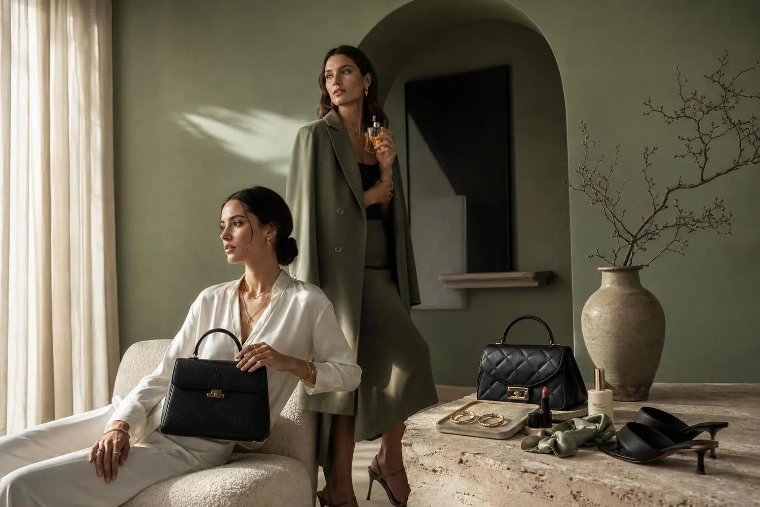 Elegant women in chic outfits with luxury handbags, perfume, and accessories in a stylish green room