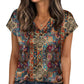 Boho floral print women's V-neck blouse with short sleeves, paired with jeans for casual fashion