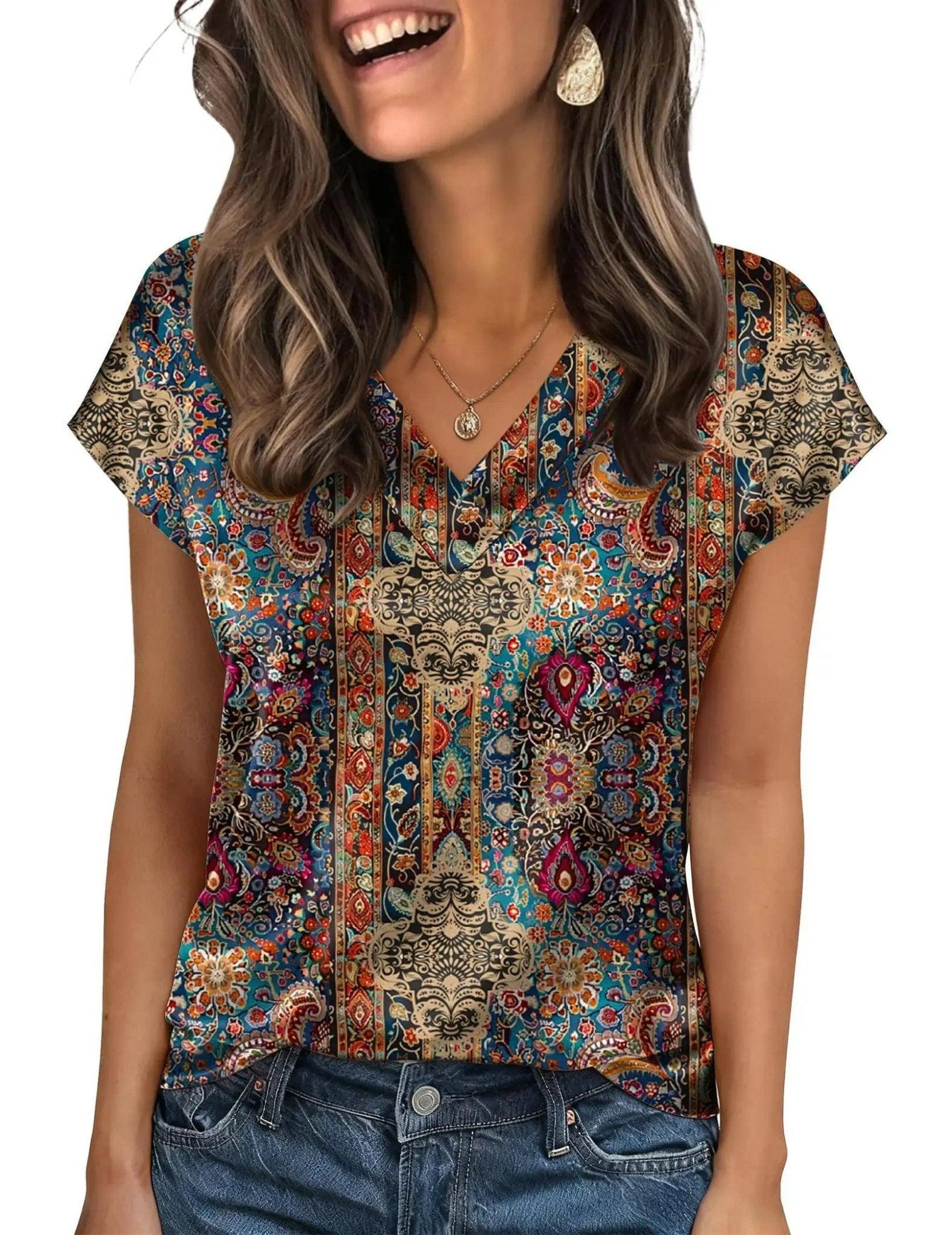 Boho floral print women's V-neck blouse with short sleeves, paired with jeans for casual fashion