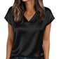 Black satin V-neck women's top with short sleeves, paired with jeans and gold jewelry for casual fashion