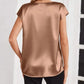 Women's satin blouse back view, rose gold silky top with cap sleeves, elegant fashion wear