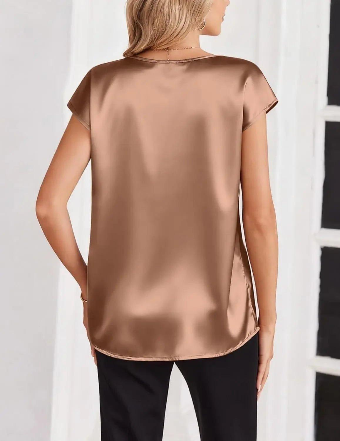 Women's satin blouse back view, rose gold silky top with cap sleeves, elegant fashion wear