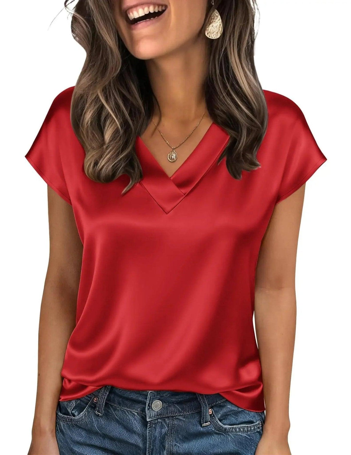 Red satin V-neck women's top with short sleeves, paired with jeans for casual fashion