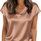 Women's satin V-neck blouse with short sleeves, paired with jeans for casual fashion