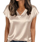 Cream satin V-neck blouse for women, stylish casual top with short sleeves and elegant drape