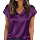 Purple satin V-neck women's top with short sleeves, styled with jeans and gold jewelry for casual fashion