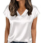 White satin V-neck women's blouse with short sleeves, paired with jeans and gold jewelry for casual fashion