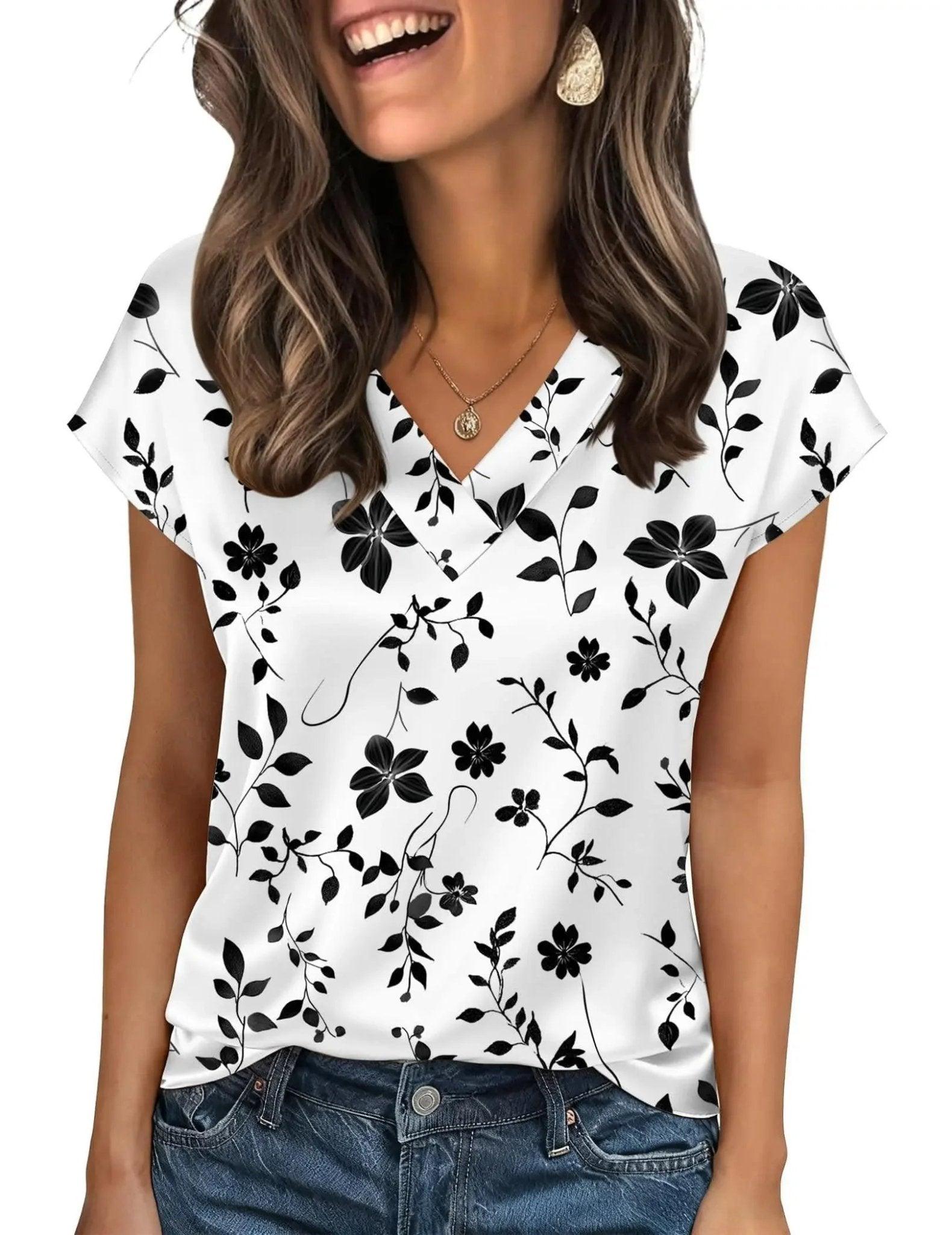 White V-neck floral print blouse with black flowers, women's fashion top