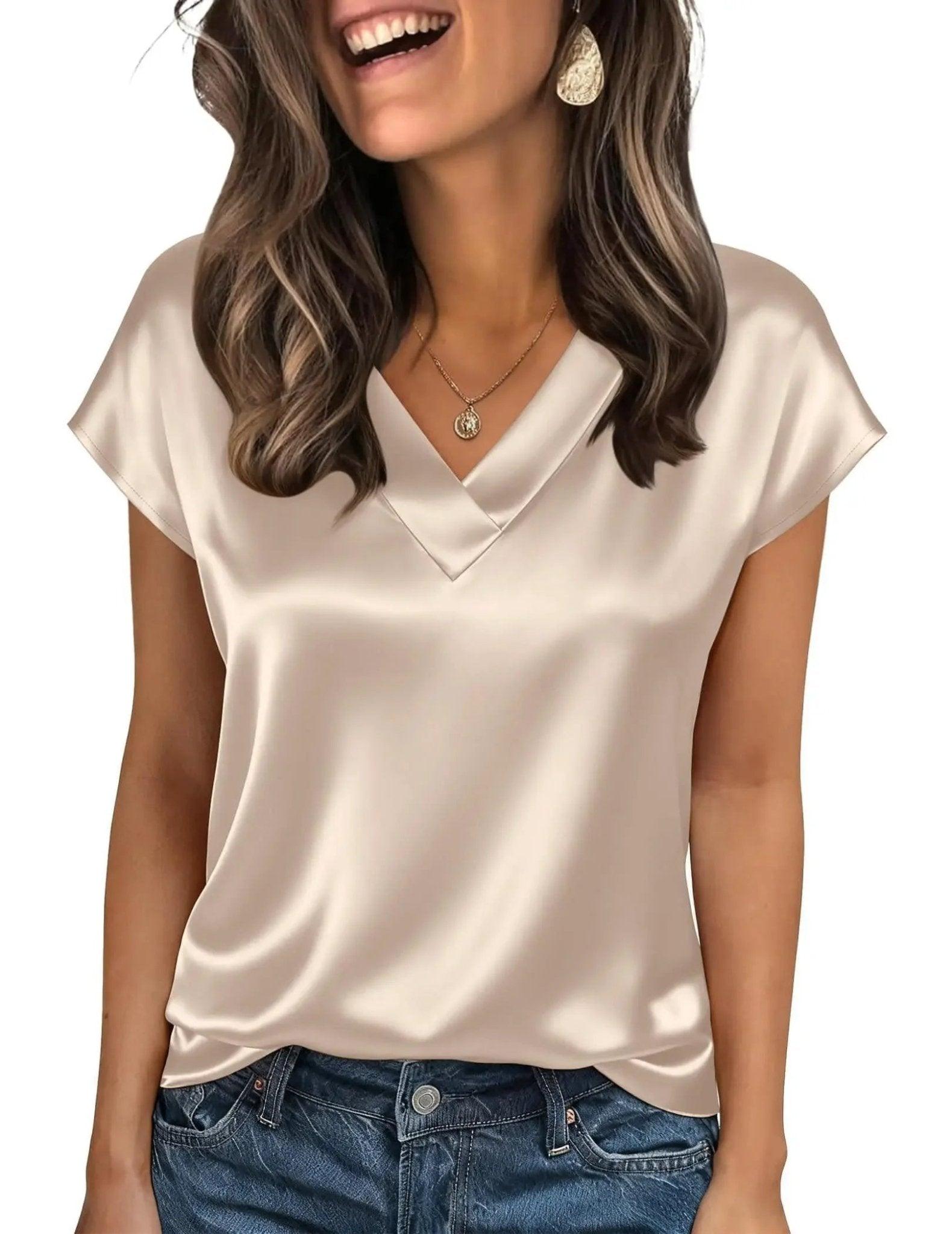 Cream satin V-neck blouse for women, stylish casual top with short sleeves and elegant drape