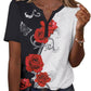 Women's black and white floral V-neck t-shirt with red roses and butterflies, casual fashion top