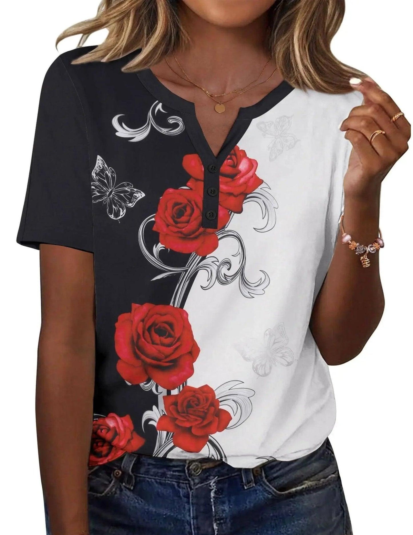 Women's black and white floral V-neck t-shirt with red roses and butterflies, casual fashion top