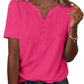 Bright pink women's V-neck button-up t-shirt with short sleeves, paired with denim jeans for casual fashion
