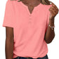 Pink women's V-neck button-up t-shirt with short sleeves, casual fashion top