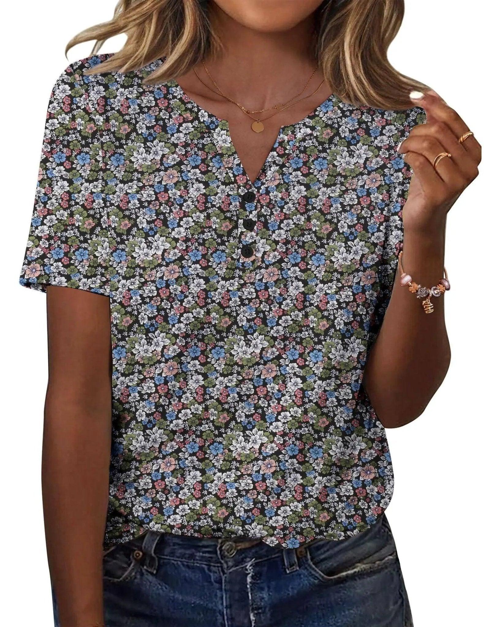 Floral print women's V-neck button-up top with short sleeves, paired with denim jeans for casual fashion.