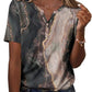 Women's short sleeve marble print top with button front, casual fashion blouse