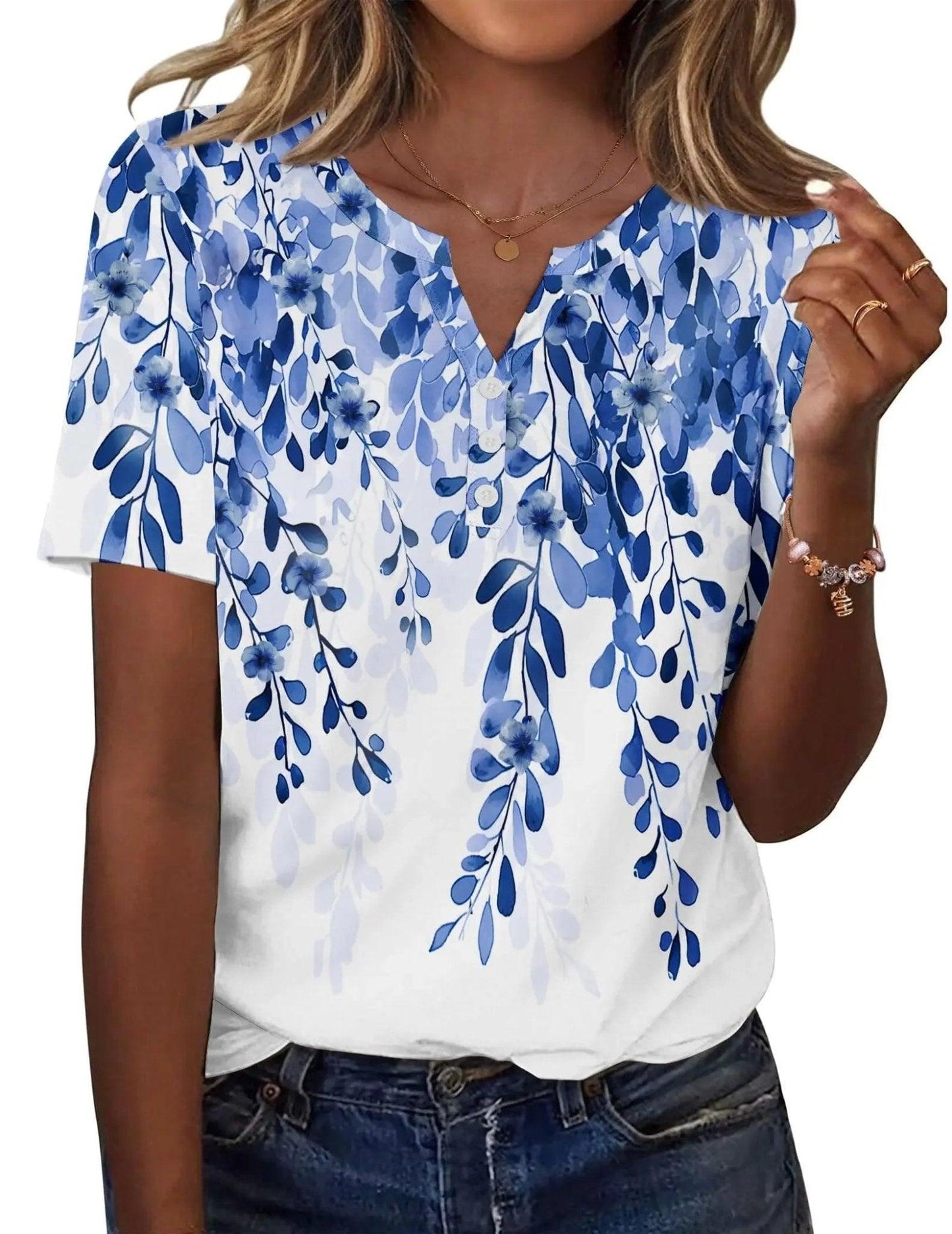 Blue floral print women's V-neck button-up top with short sleeves, casual summer fashion