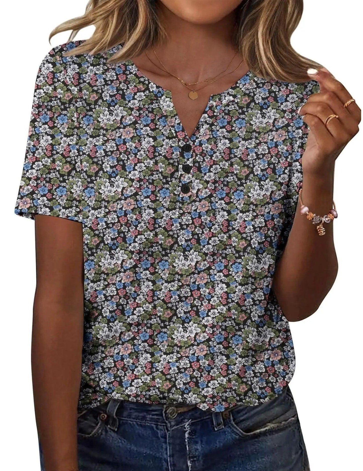 Floral print women's V-neck button-up top with short sleeves, casual fashion blouse