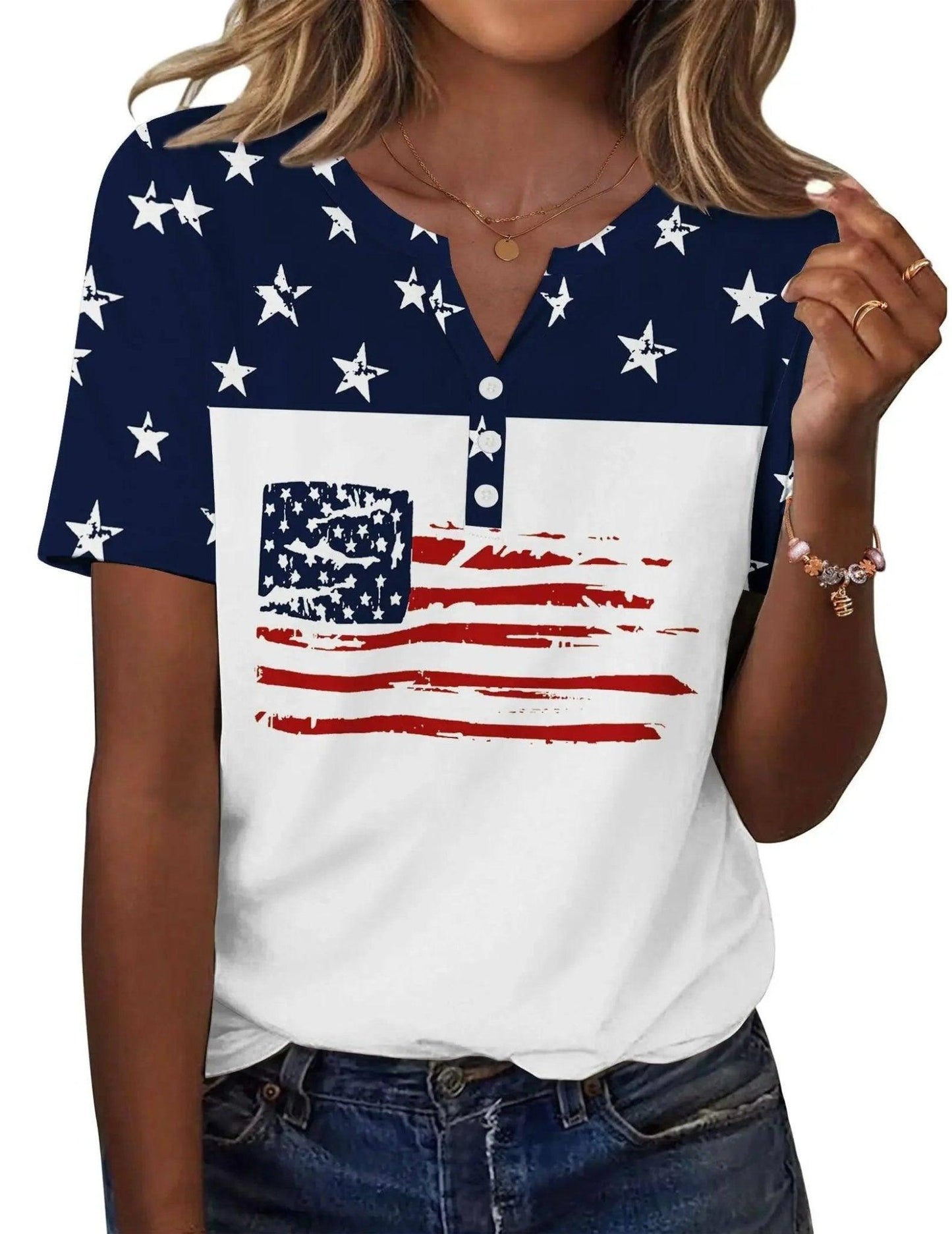 Women's patriotic flag print V-neck t-shirt with stars and stripes, casual fashion top