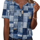Women's denim patchwork short sleeve top with button front, casual fashion blouse