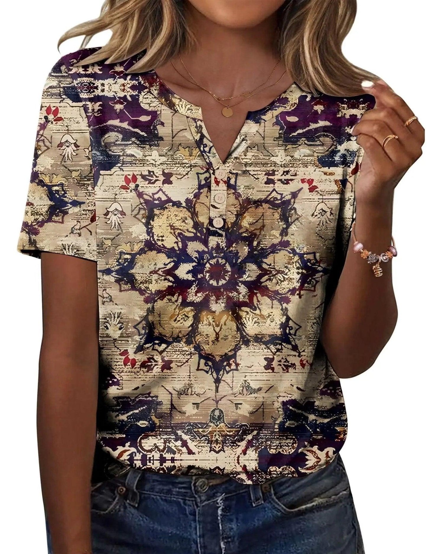 Women's boho floral print V-neck button-up top with short sleeves, paired with jeans for casual fashion