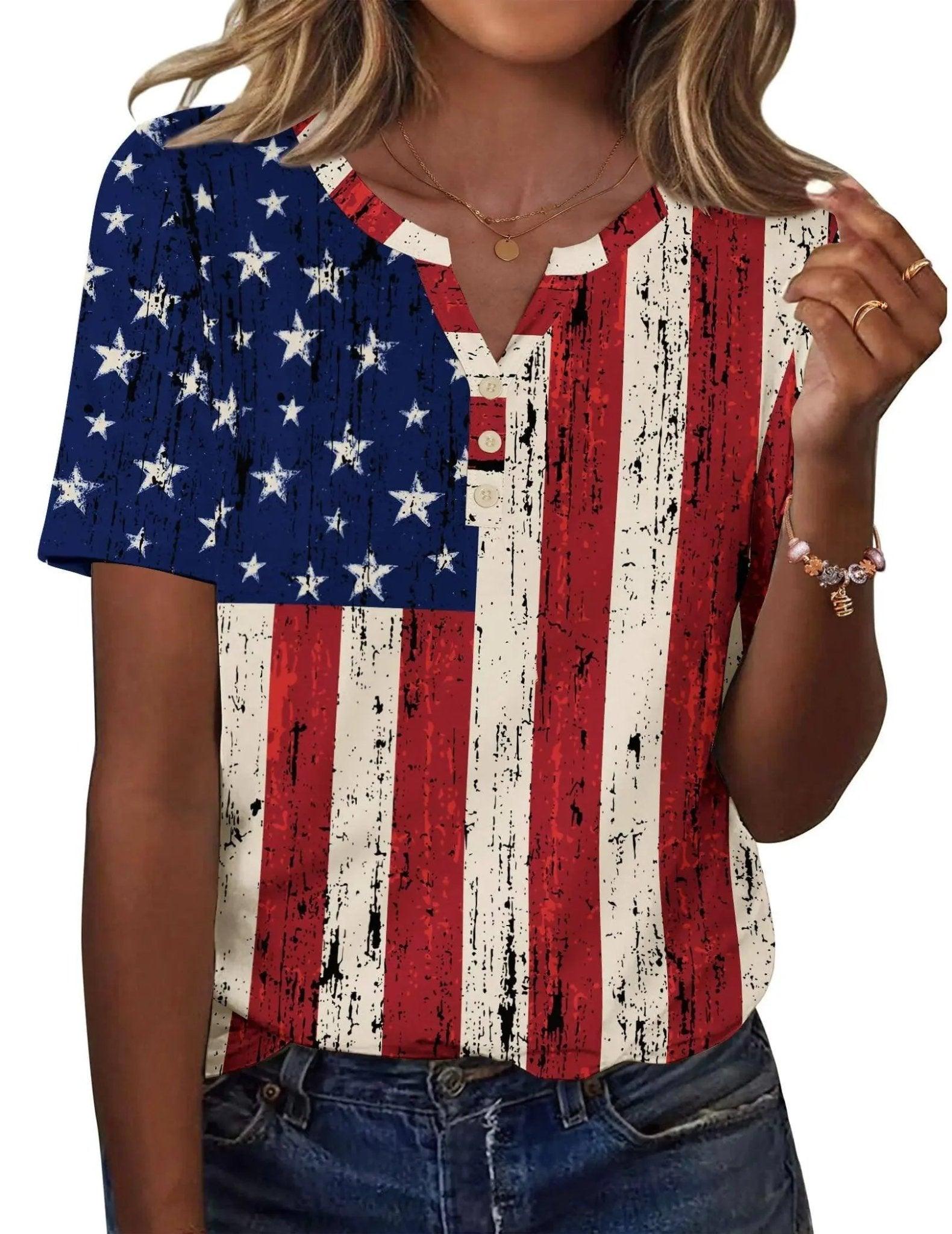 Women's American flag print V-neck t-shirt with distressed stars and stripes, casual fashion top