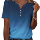 Blue women's V-neck button-up t-shirt with short sleeves, casual fashion top
