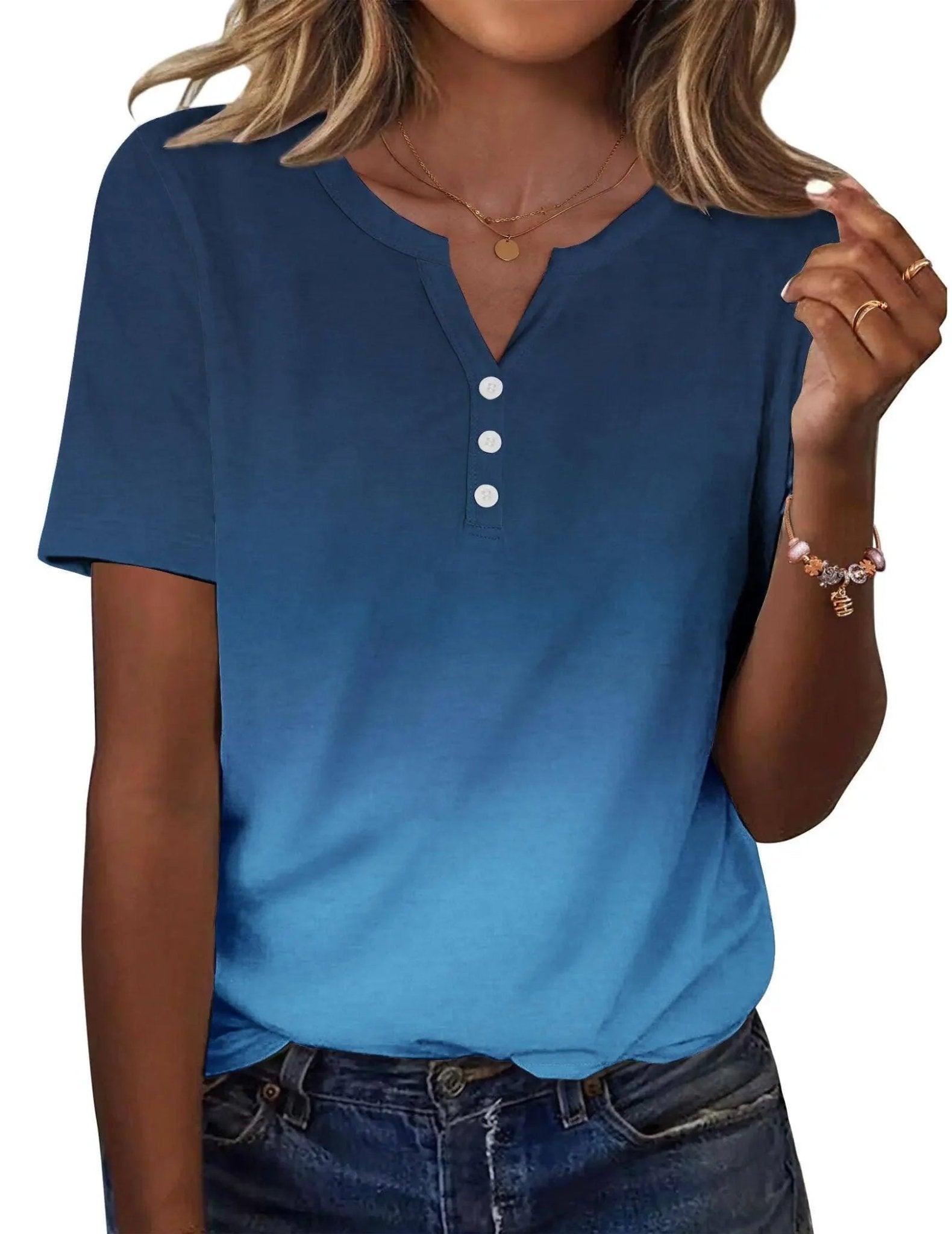 Blue women's V-neck button-up t-shirt with short sleeves, casual fashion top