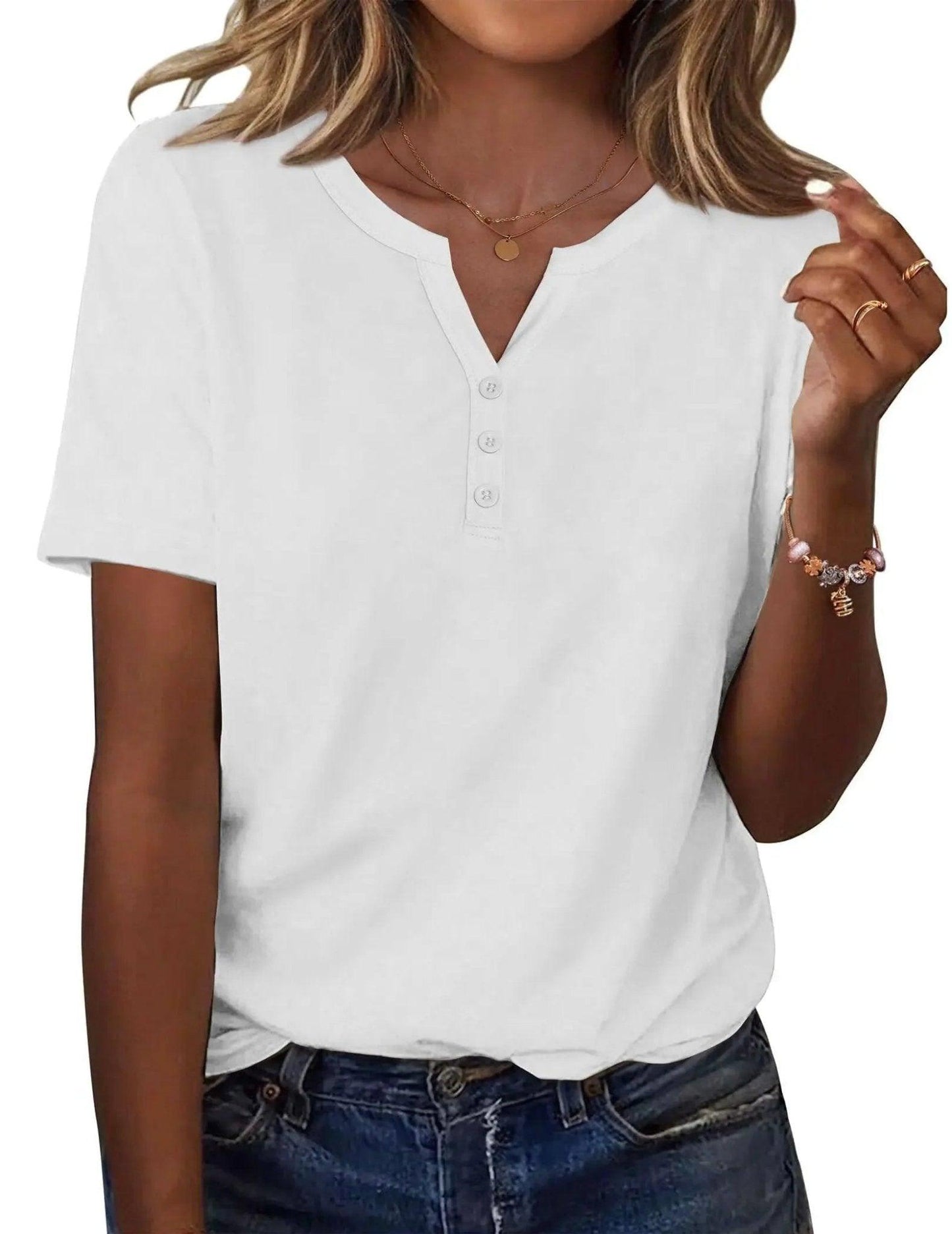 White women's V-neck button-up t-shirt with short sleeves, casual fashion top