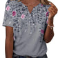 Women's gray floral print V-neck button-up top with pink roses and butterflies, casual fashion blouse
