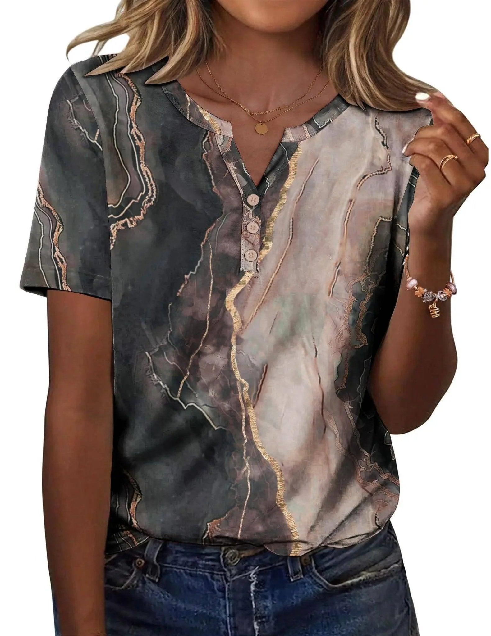 Women's marble print V-neck button-up top with short sleeves, paired with jeans for casual fashion