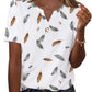 White feather print women's V-neck button-up top with short sleeves, casual fashion blouse
